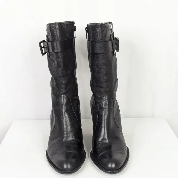 Stuart Weitzman Black Leather Heeled Midcalf Moto Boots