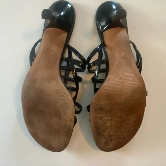 STUART WEITZMAN black patent Carcel strappy heeled slide sandals in size 8N EUC