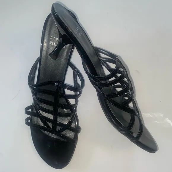 STUART WEITZMAN black patent Carcel strappy heeled slide sandals in size 8N EUC