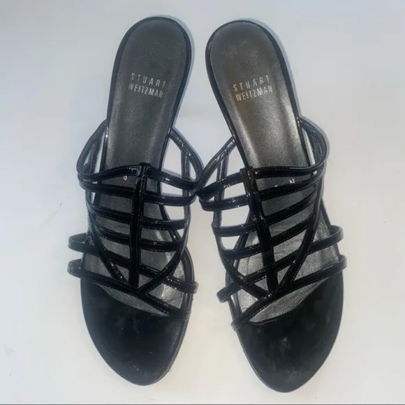STUART WEITZMAN black patent Carcel strappy heeled slide sandals in size 8N EUC
