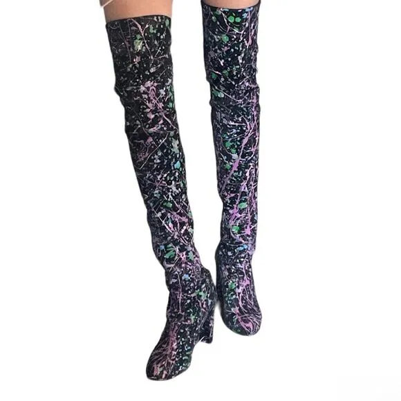 STUART WEITZMAN Black Suede Boots Over The Knee Paint Splattered Design Size 9