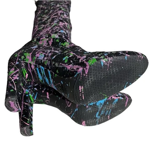 STUART WEITZMAN Black Suede Boots Over The Knee Paint Splattered Design Size 9