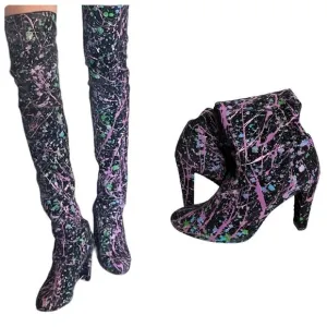 STUART WEITZMAN Black Suede Boots Over The Knee Paint Splattered Design Size 9