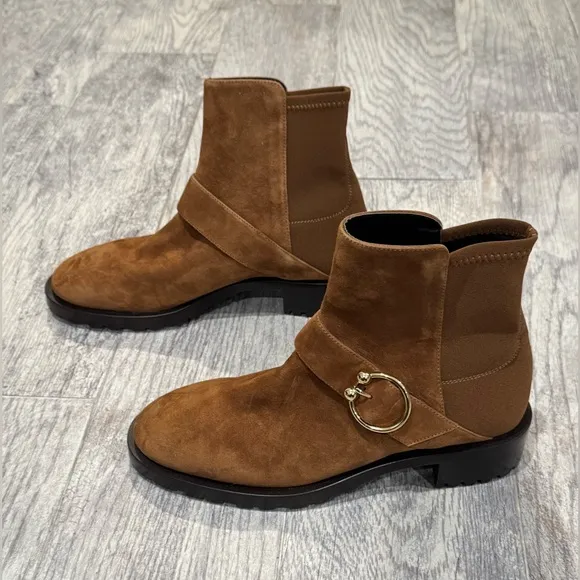 Stuart Weitzman brown Luxering microstretch and suede ankle boots