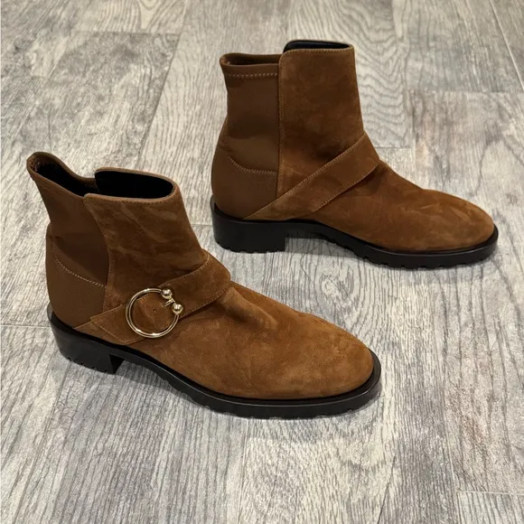 Stuart Weitzman brown Luxering microstretch and suede ankle boots