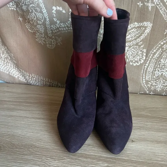 Stuart Weitzman Layered Suede Ankle Boots in Purple/Red