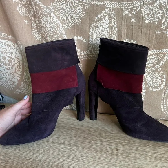 Stuart Weitzman Layered Suede Ankle Boots in Purple/Red