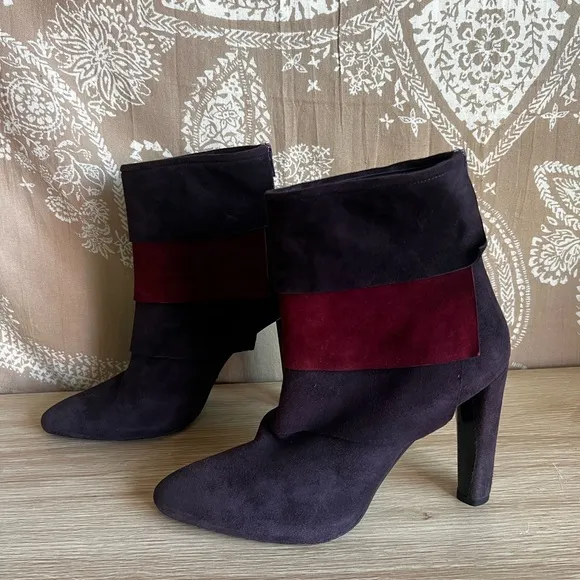 Stuart Weitzman Layered Suede Ankle Boots in Purple/Red