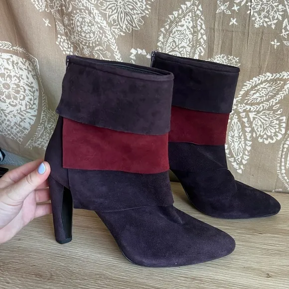 Stuart Weitzman Layered Suede Ankle Boots in Purple/Red