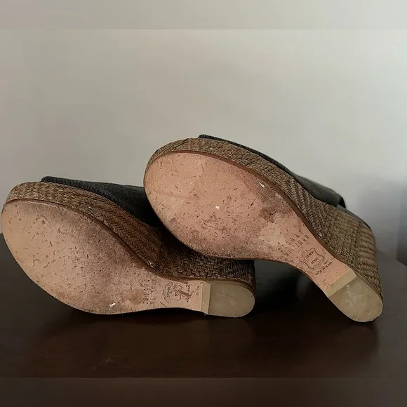 Stuart Weitzman Platform Wedge Slingback Sandals Dark Grey Cork and Canvas Sz. 8