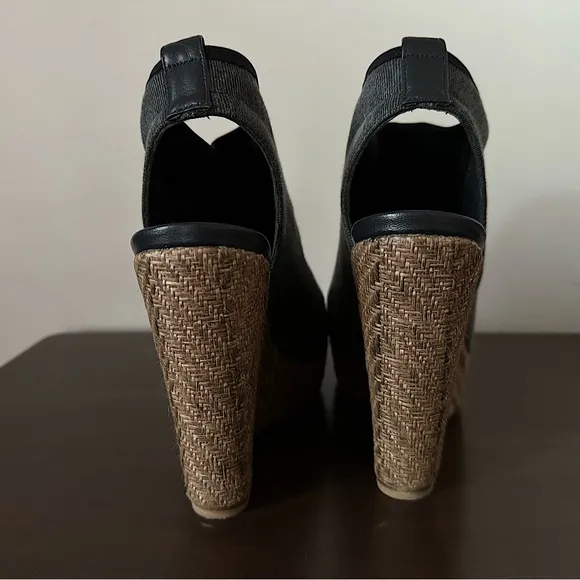 Stuart Weitzman Platform Wedge Slingback Sandals Dark Grey Cork and Canvas Sz. 8