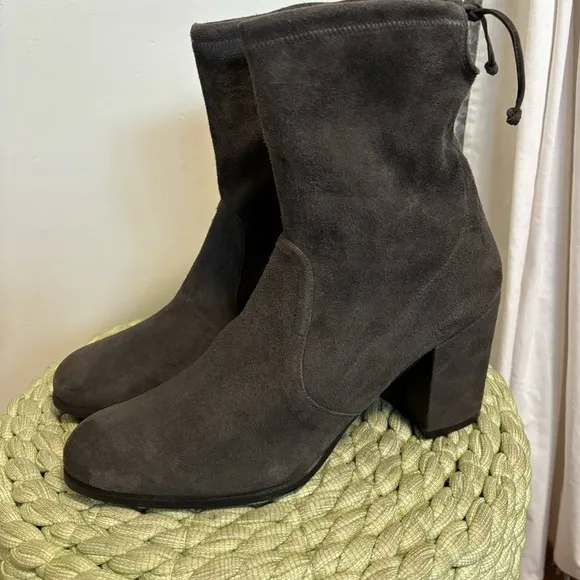 Stuart Weitzman Shorty Slate Gray Suede Block Heel Ankle Boots