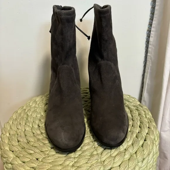 Stuart Weitzman Shorty Slate Gray Suede Block Heel Ankle Boots