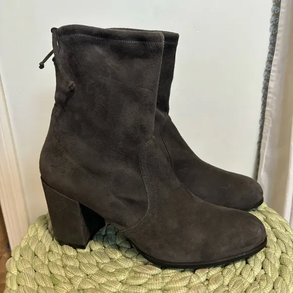 Stuart Weitzman Shorty Slate Gray Suede Block Heel Ankle Boots