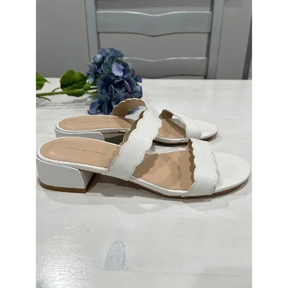 Stuart Weitzman White Leather Santorini Scalloped Slide Sandals Size 8.5