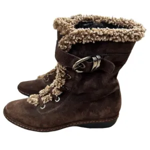 Stuart Weitzman Womens Fur Lined Boots Size 6.5 Brown Suede Sherpa Winter Buckle