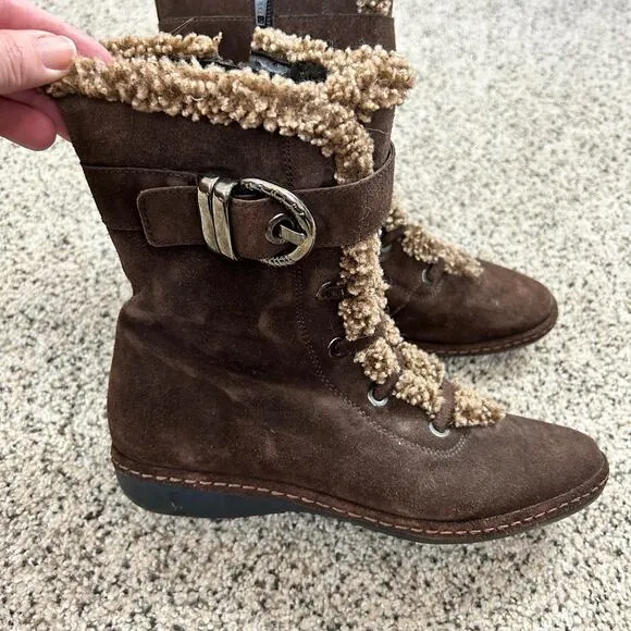 Stuart Weitzman Womens Fur Lined Boots Size 6.5 Brown Suede Sherpa Winter Buckle