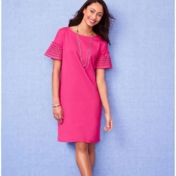 Talbots Pink Short Sleeve Lace / Eyelet Interlock Shift Mini Dress Size M Medium