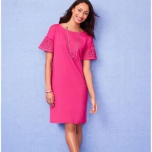 Talbots Pink Short Sleeve Lace / Eyelet Interlock Shift Mini Dress Size M Medium