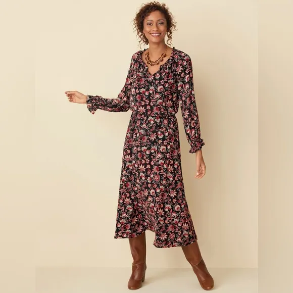 Talbots Plus Bracelet Sleeve Elastic Waist Autumn Garden Feminine Midi Dress 2X
