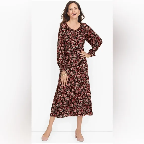 Talbots Plus Bracelet Sleeve Elastic Waist Autumn Garden Feminine Midi Dress 2X