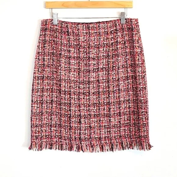 Talbots Tweed Boucle Fringe Wool Blend Pink Multi A Line Skirt Size 6