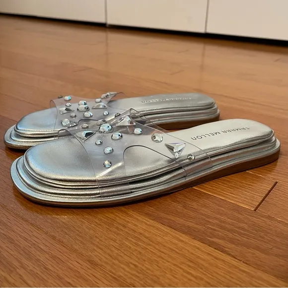Tamara Mellon Stellaire 90s Pillow Slide Sandals Clear And Crystal Silver