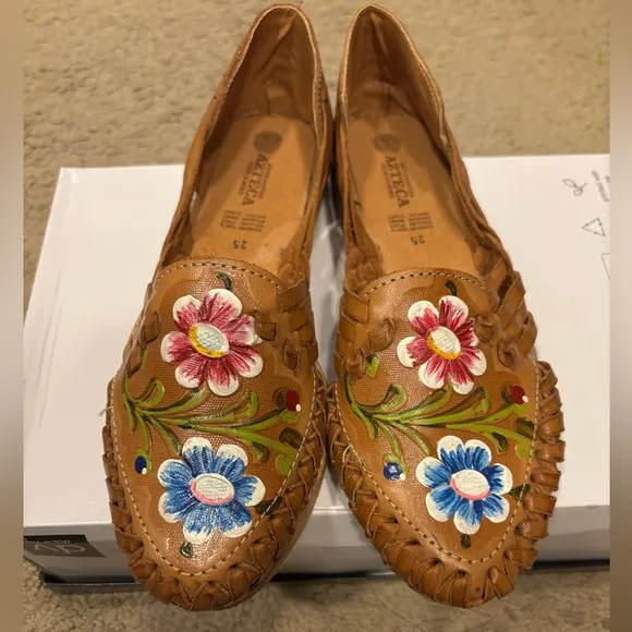 Tan and Red Floral Embellished Sandals