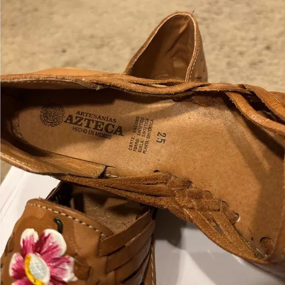 Tan and Red Floral Embellished Sandals