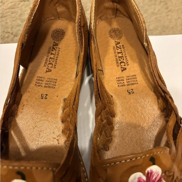 Tan and Red Floral Embellished Sandals