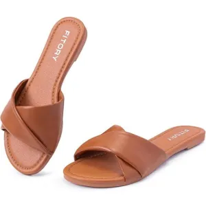 Tan Slide Sandals with Leather Finish and Square Toe