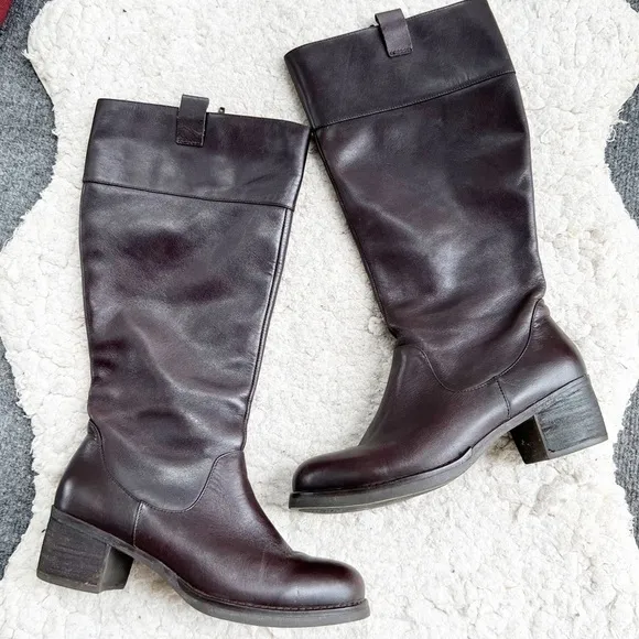 Tara M Brown Leather DIDI Faux Fur Interior Block Heel Rounded Toe Boots Sz 9