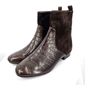 Taryn Rose Collection Ankle Boots Espresso Brown Croc Leather and suede Size 7