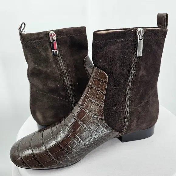 Taryn Rose Collection Ankle Boots Espresso Brown Croc Leather and suede Size 7