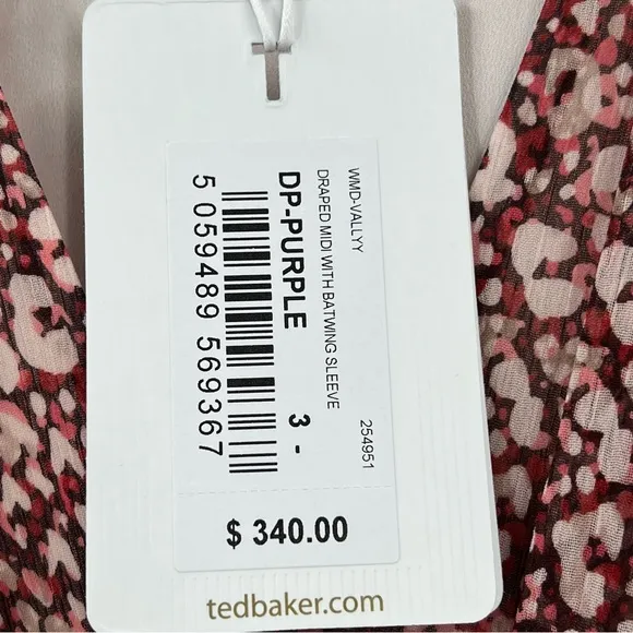 Ted Baker Vallyy Draped Midi Dress with Batwing Sleeve in Deep Purple NWT Size 8