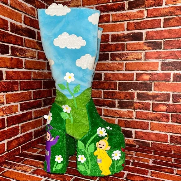 Teletubbies X Dollskill Hide and Seek Platform Boots NIB RARE Green Blue SZE 9