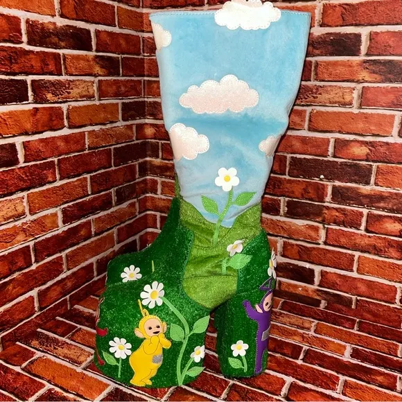 Teletubbies X Dollskill Hide and Seek Platform Boots NIB RARE Green Blue SZE 9