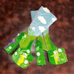 Teletubbies X Dollskill Hide and Seek Platform Boots NIB RARE Green Blue SZE 9