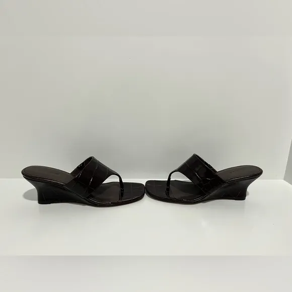 The Deanna Thong Wedge Sandal in Chocolate Raisin Croc-Embossed leather $138 NEW