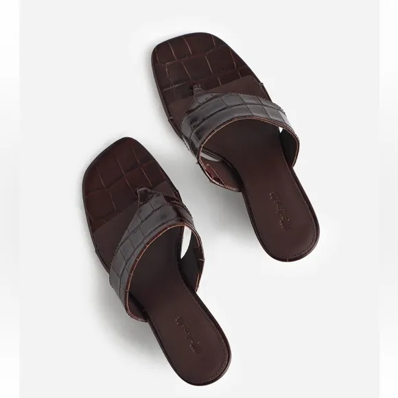 The Deanna Thong Wedge Sandal in Chocolate Raisin Croc-Embossed leather $138 NEW