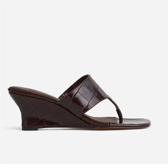 The Deanna Thong Wedge Sandal in Chocolate Raisin Croc-Embossed leather $138 NEW