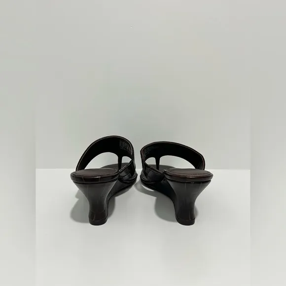 The Deanna Thong Wedge Sandal in Chocolate Raisin Croc-Embossed leather $138 NEW