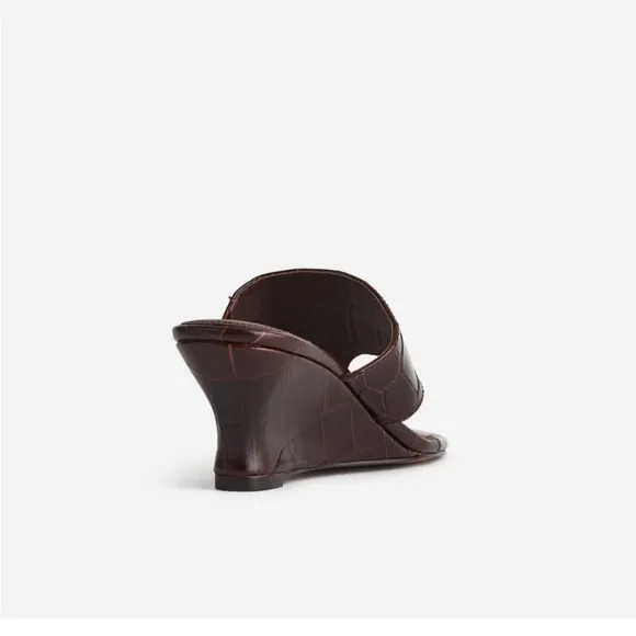 The Deanna Thong Wedge Sandal in Chocolate Raisin Croc-Embossed leather $138 NEW