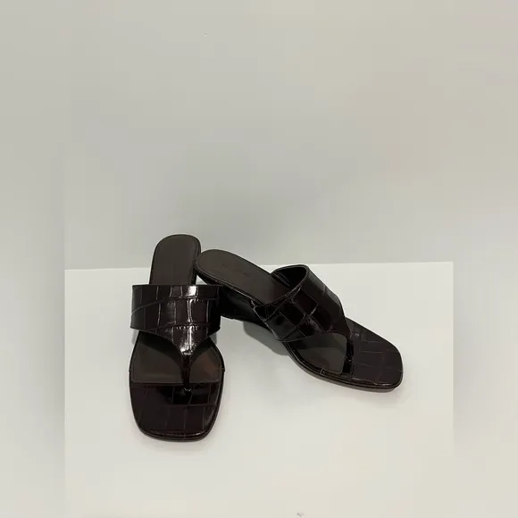 The Deanna Thong Wedge Sandal in Chocolate Raisin Croc-Embossed leather $138 NEW