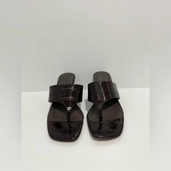 The Deanna Thong Wedge Sandal in Chocolate Raisin Croc-Embossed leather $138 NEW