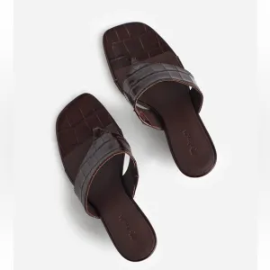 The Deanna Thong Wedge Sandal in Chocolate Raisin Croc-Embossed leather $138 NEW
