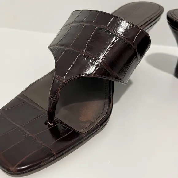 The Deanna Thong Wedge Sandal in Chocolate Raisin Croc-Embossed leather $138 NEW