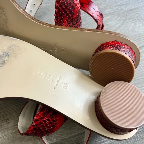 Tibi Hanson Red Snake-Effect Leather Sandals Crisscross Strap Round Kitten 39 9