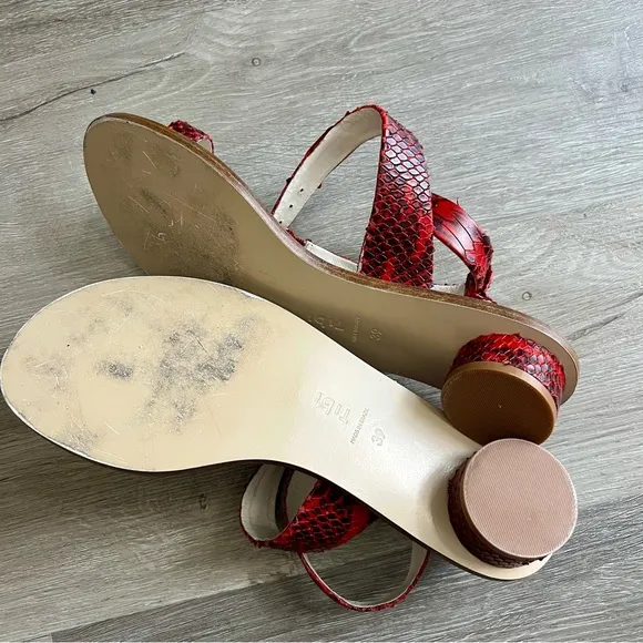 Tibi Hanson Red Snake-Effect Leather Sandals Crisscross Strap Round Kitten 39 9