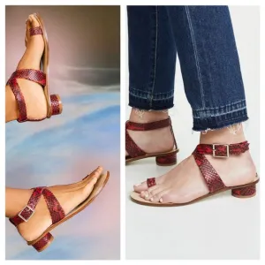 Tibi Hanson Red Snake-Effect Leather Sandals Crisscross Strap Round Kitten 39 9